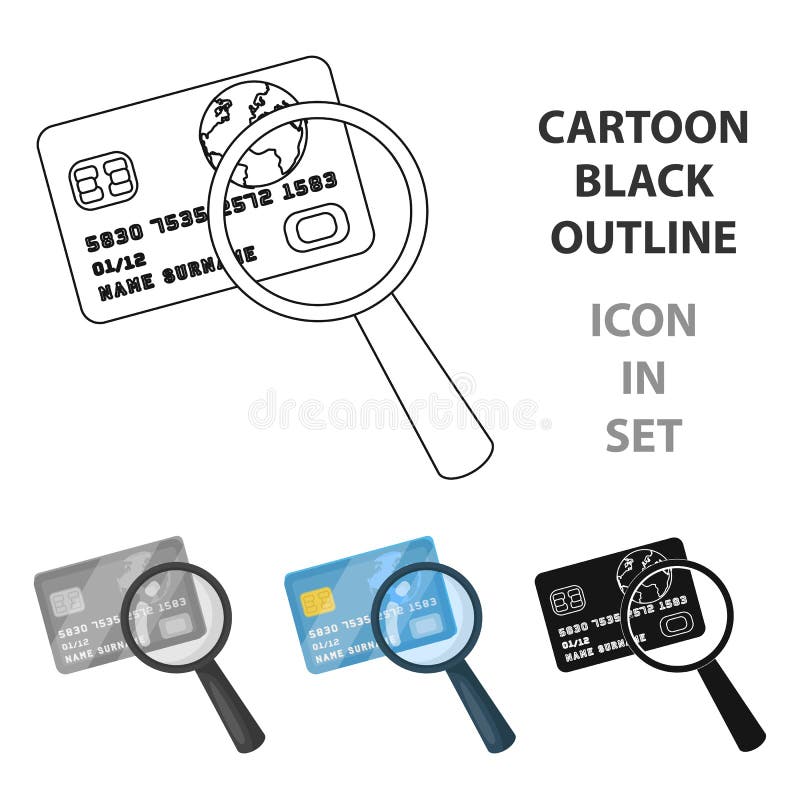 Plastic credit card with a magnifying glass. Detective looking for fingerprints.Detective single icon in cartoon style stock illustration Plastic credit card with a magnifying glass. Detective looking for fingerprints.Detective single icon in cartoon style stock illustration