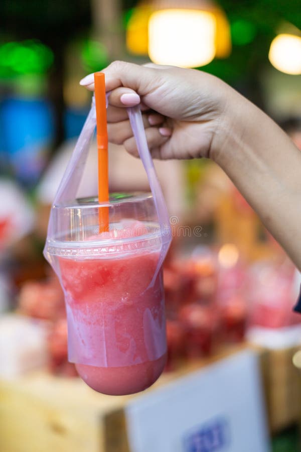 Plastic Cup of Strawberry Smoothie Stock Image Image of holding