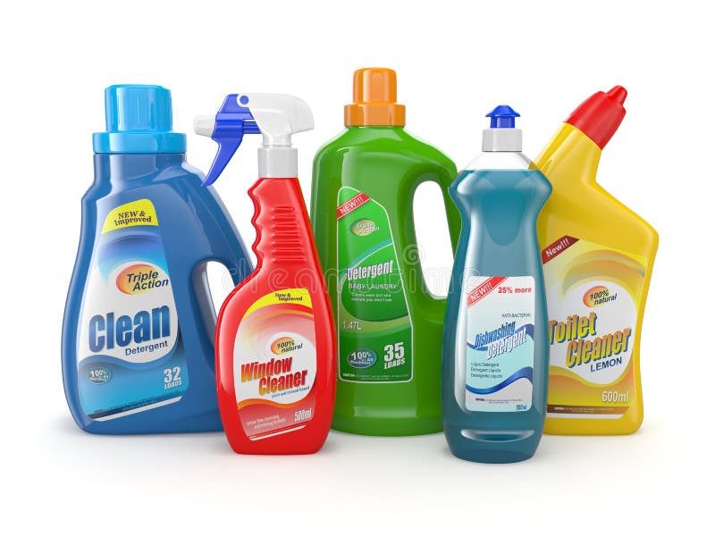 Plastic detergent bottles. Cleaning products. stock illustration