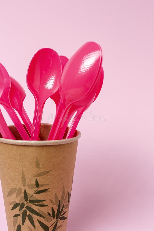 Plastic Disposable Tableware, Forks, Spoons, Glasses on Colored