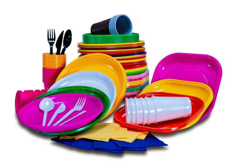 Plastic Disposable Tableware With Plates And Cutlery Picnic Stock Photo