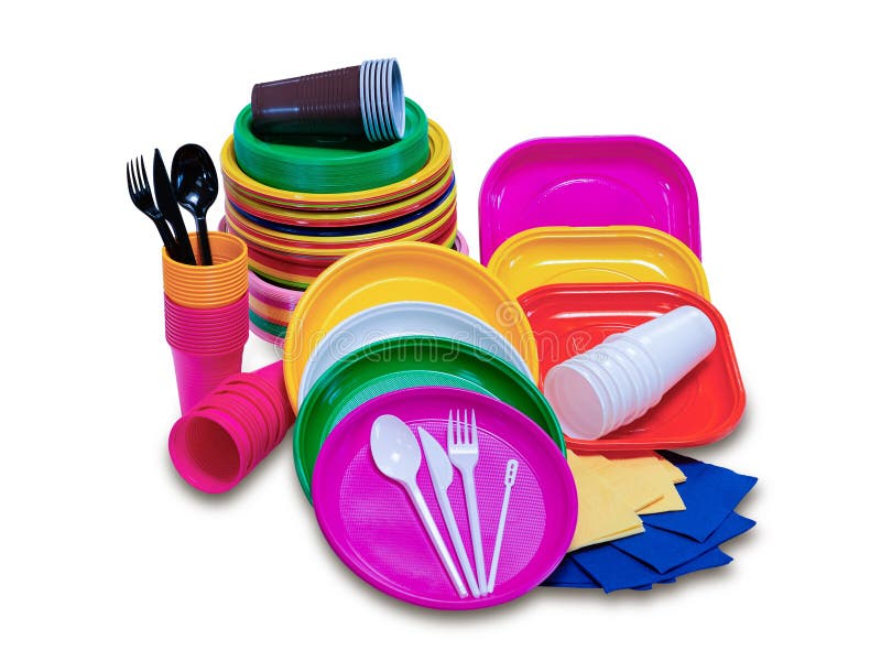 Set with Plastic Disposable Tableware with Plates Cutlery Picnic Stock