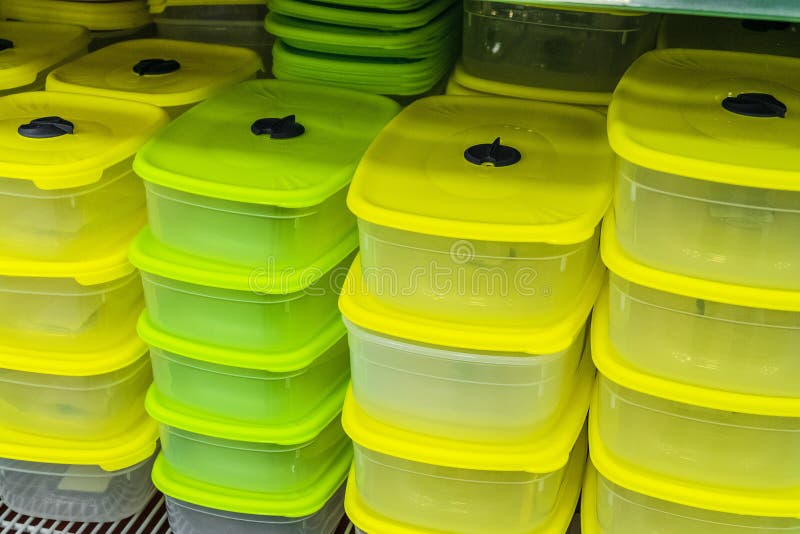 Plastic Food Containers with Yellow Lids for Use in the Microwave Stock