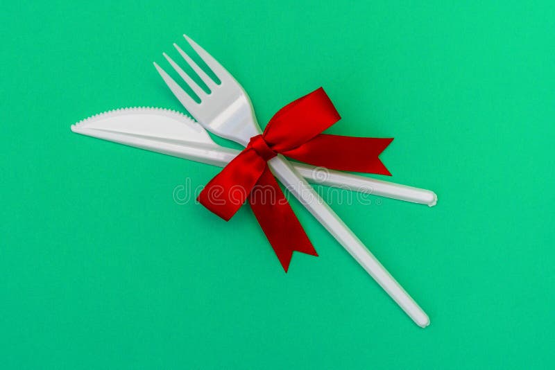 Plastic Fork and Knife Decorated with Red Bow Stock Photo Image of