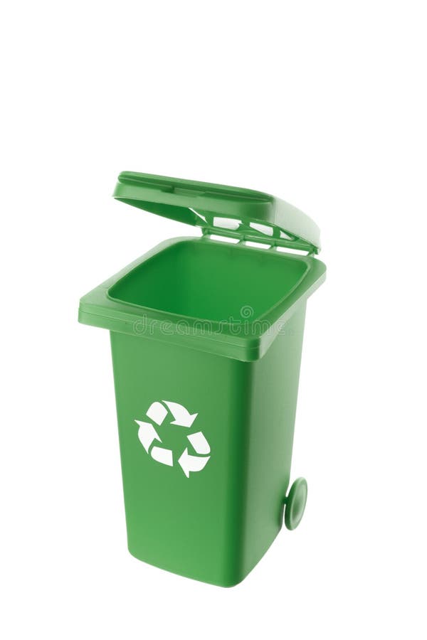 Plastic green trash can isolated on white background stock photography