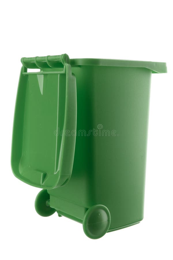 Plastic green trash can isolated on white background stock images