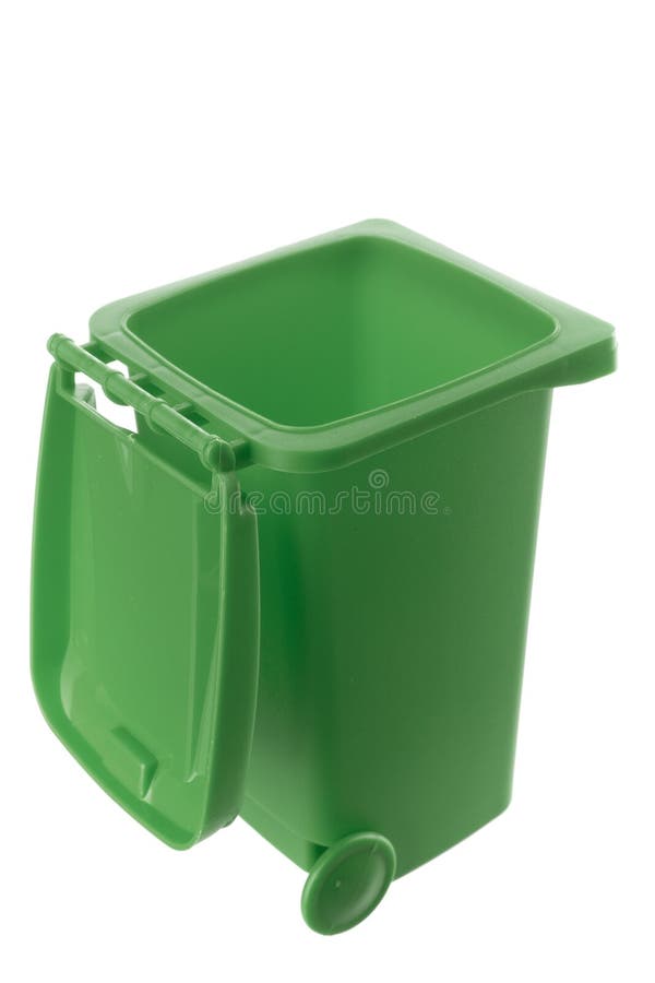 Plastic green trash can isolated on white background royalty free stock images