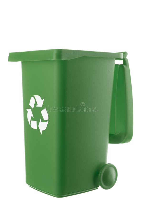 Plastic green trash can isolated on white background stock image