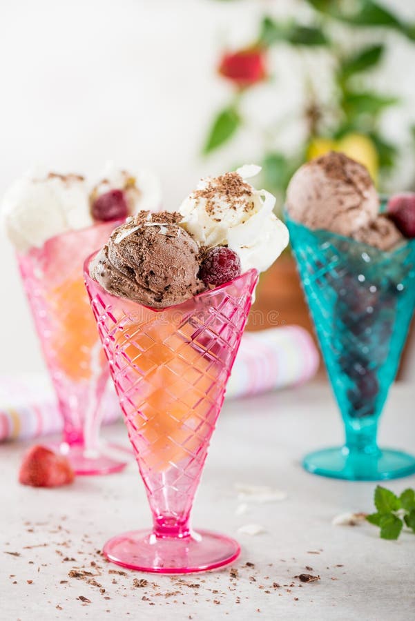 Plastic Ice Cream Sundae Cones with Chocolate and Vanilla Ice Cr Stock