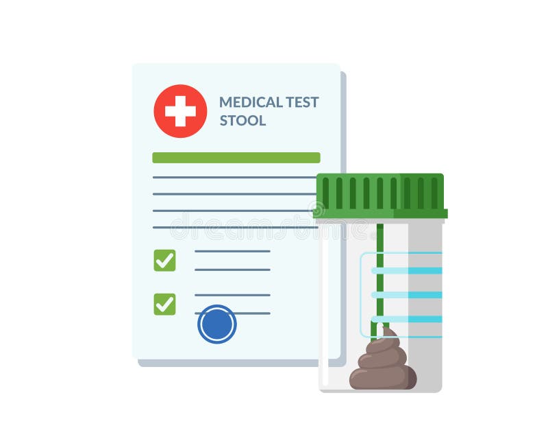 Plastic jar stool feces test analysis and medical lab blank form list with results data and approved check mark vector vector illustration