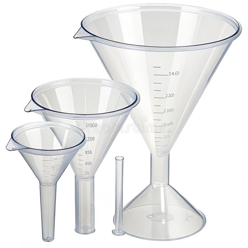 Plastic Kitchen Set PNG. Trei pâlnii transparente pentru bucătărie din plastic, de diferite dimensiuni, prevăzute cu marcaje de măsurare. Ele au deschideri mari în partea de sus și gât îngustă pentru turnare ușoară cu un atașament cilindric îngust suplimentar pentru transferuri precise. Pâlniile sunt clare, permițând vizibilitatea conținutului în timpul utilizării.