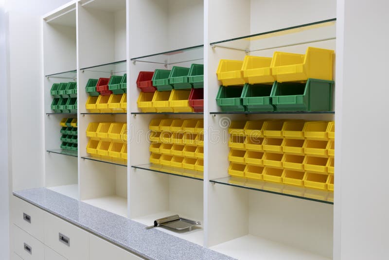 Plastic Pharmacy Shelves for Medicine Storage. Stock Photo Image of