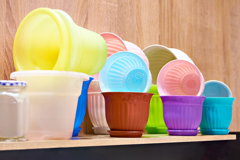 Plastic plant pots in store stock image