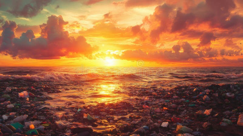 Plastic Pollution Littered on a Beach at Sunset Stock Illustration ...
