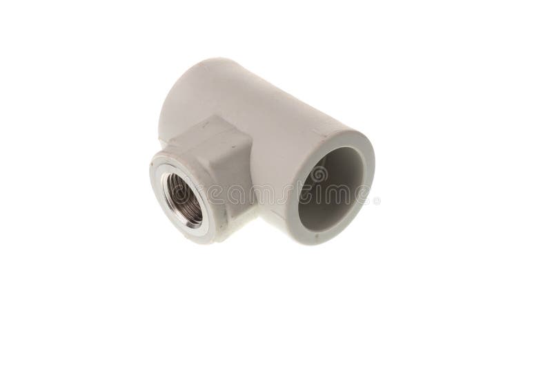 Plastic PPR T shape with metal thread fitting for water pipes, isolated on white background stock photos