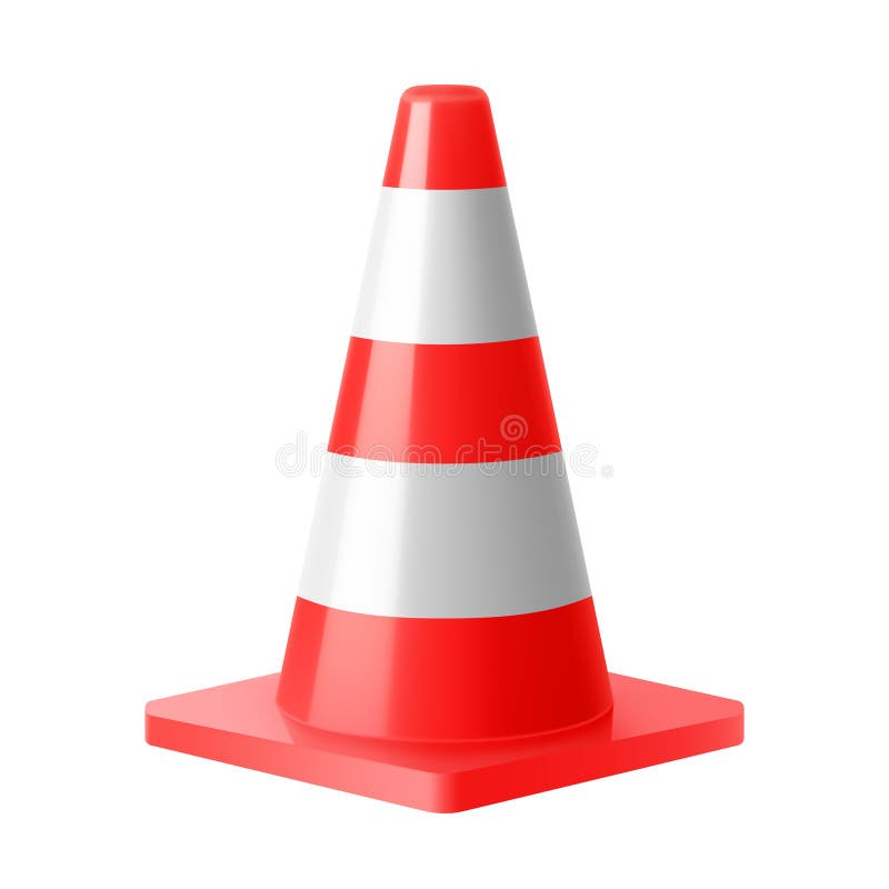 Plastic red road cone. White striped traffic cone isolated on white background. Safety traffic. Security warning. Realistic 3d stock illustration