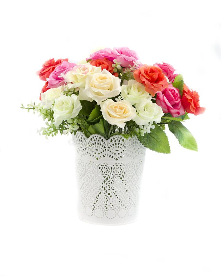 Plastic Rose Flower in Basket on White Background Stock Photo Image