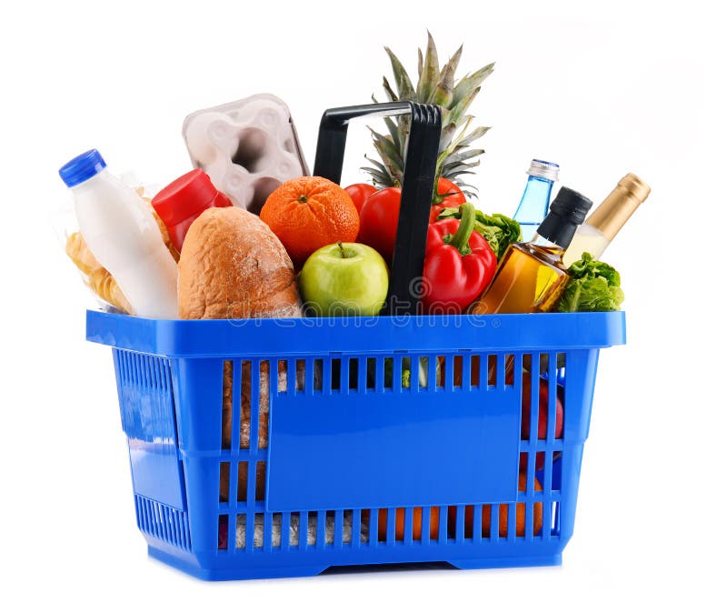 Plastic Shopping Basket With Assorted Grocery Products Stock Image
