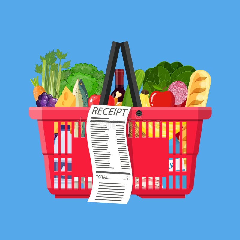 Plastic shopping basket full of groceries products