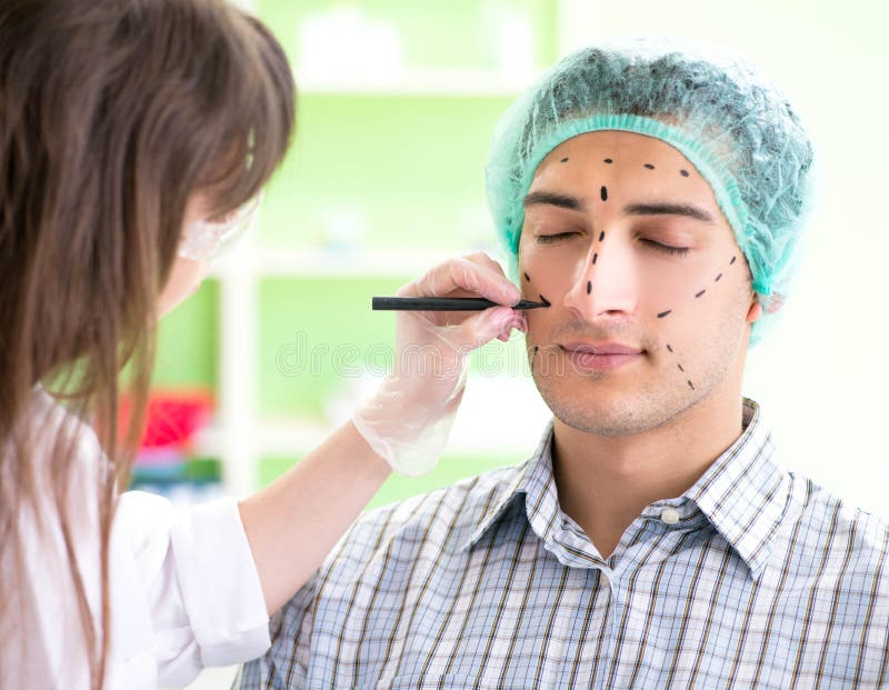 Plastic Surgeon Preparing for Operation on Man Face Stock Image Image