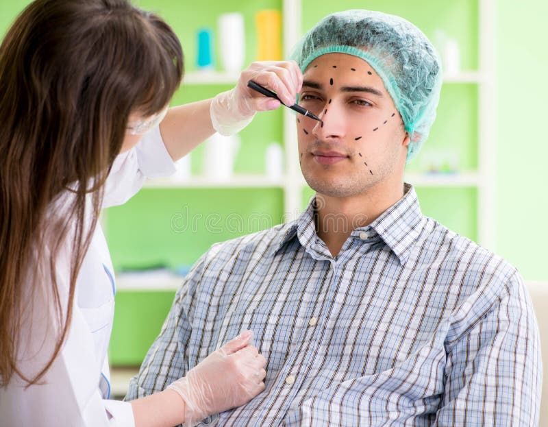 Plastic Surgeon Preparing for Operation on Man Face Stock Photo Image