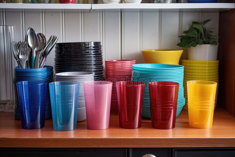 Plastic Tableware Arranged in a Line on a Kitchen Counter Stock Image