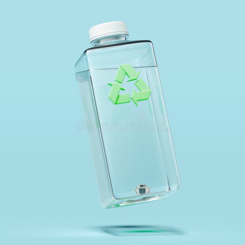 Plastic transparante fles met het recycling van teken op blauwe achtergrond het 3d teruggeven vector illustratie Plastic transparante fles met het recycling van teken op blauwe achtergrond het 3d teruggeven vector illustratie