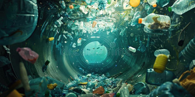 Plastic trash in the drain, environment pollution and ecology concept, plastic hazards and waste stock illustration