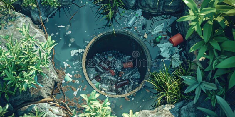 Plastic trash in the drain, environment pollution and ecology concept, plastic hazards and waste stock illustration