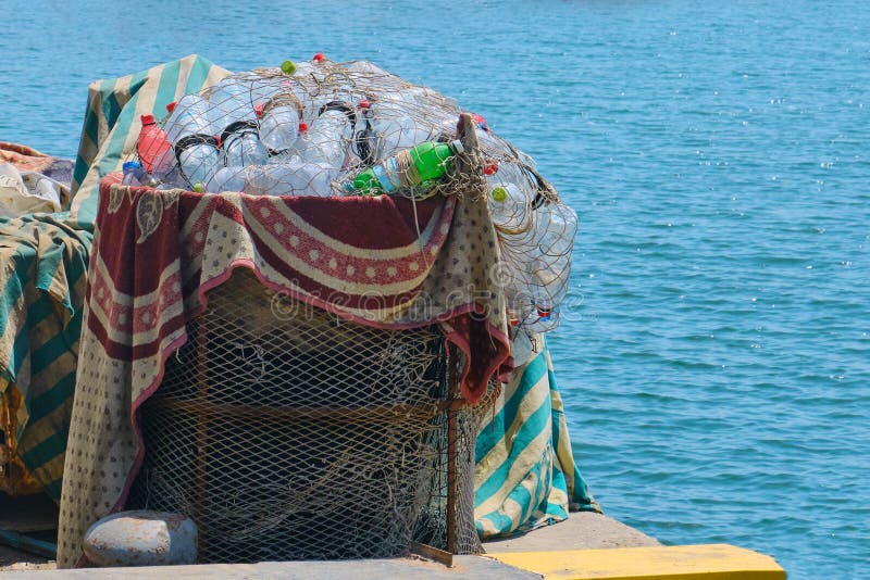 Plastic trash in fishing nets, collection of pollution at sea - Tunisia, Sousse, El Kantaoui 06 19 2019