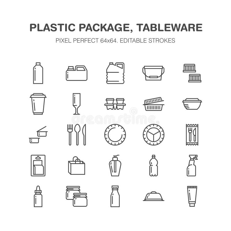 Plastic verpakking, de beschikbare pictogrammen van de vaatwerklijn Productpakken, container, fles, bus, platenbestek stock illustratie Plastic verpakking, de beschikbare pictogrammen van de vaatwerklijn Productpakken, container, fles, bus, platenbestek stock illustratie