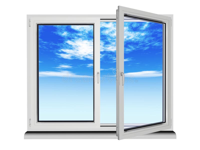 Due livelli e due frame in plastica con finestra di cielo blu isolato su bianco.