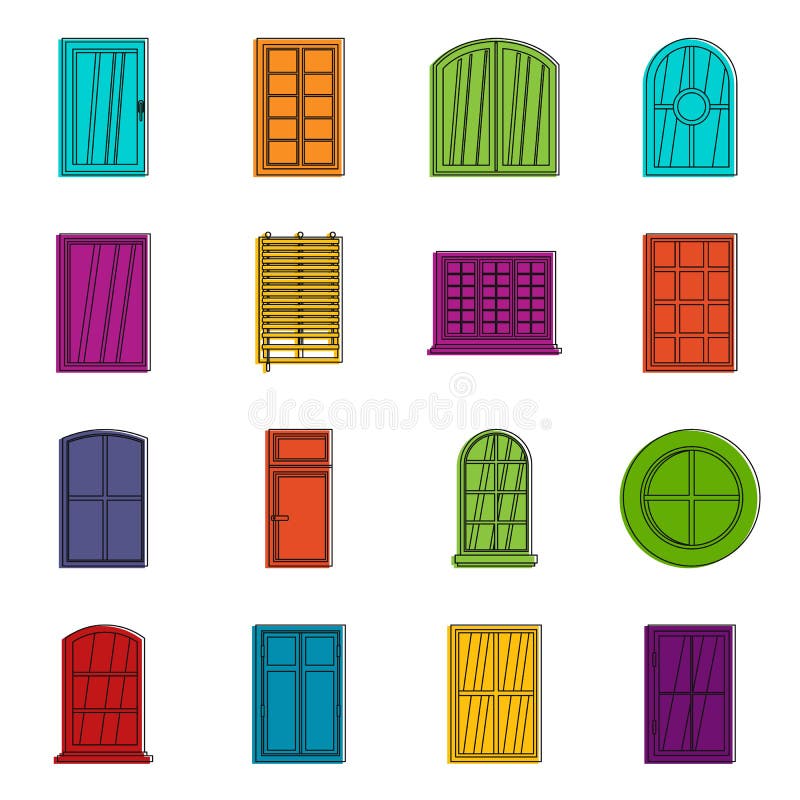 Plastic window forms icons doodle set stock illustration