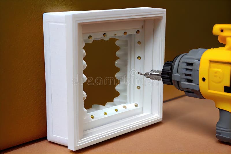 Plastic Window Frame Being Attached To the Wall with Screws Stock