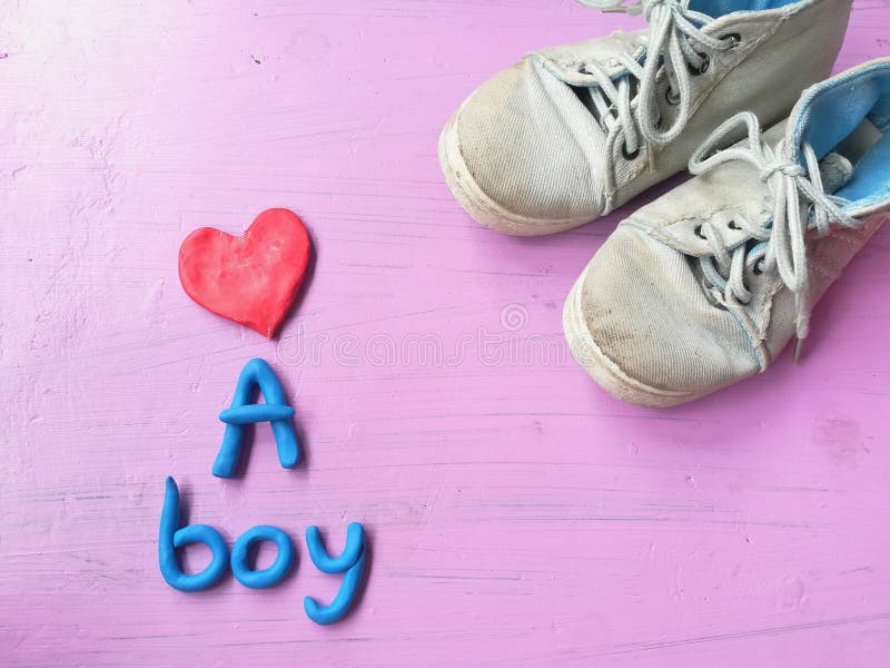 Red heart plasticine, A boy text clay, colorful dough, beautiful wallpaper, sneakers decoration, pink background