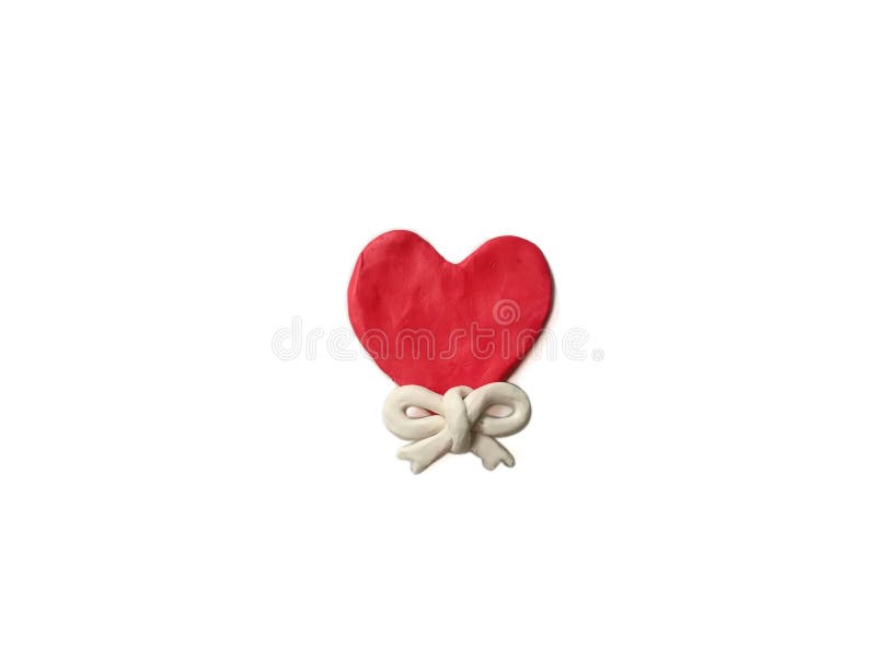 Plasticine clay red heart, tie ribbon dough, white background