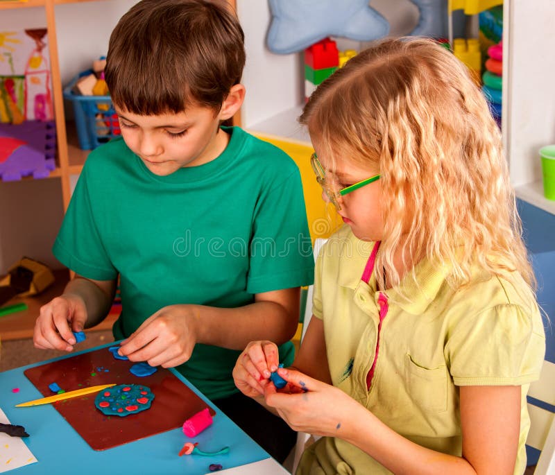 Plasticine modeling clay in children class in school.