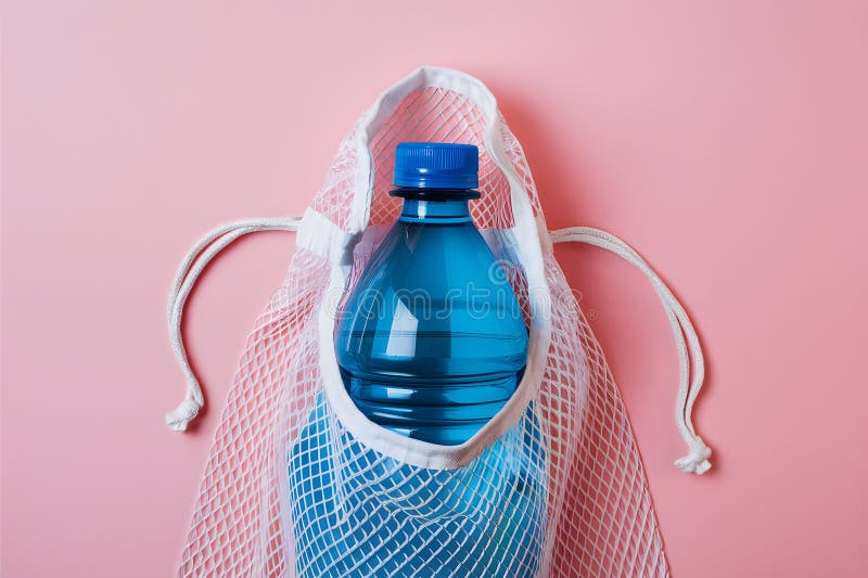 Plastikowe butelki w worku siatkowym na niebieskim tle z ciągiem ciągłym. Butelek plastikowych w worku na niebieskim tle z ciągiem ciągłym generacyjnym ai