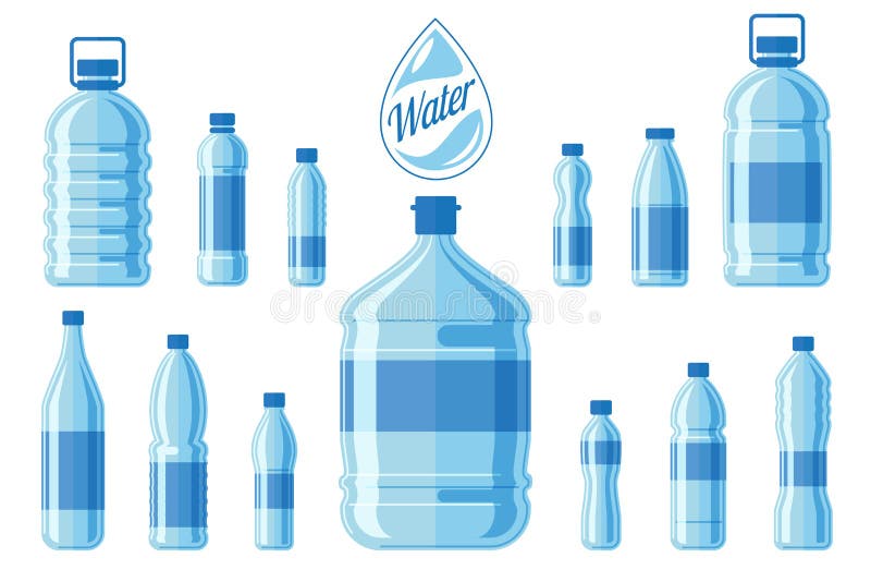 Plastikwasserflaschensatz lokalisiert auf weißem Hintergrund Gesunder Agua füllt Vektorillustration ab lizenzfreie abbildung