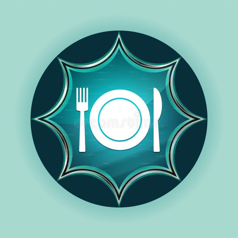 Plat avec le fond bleu de bleu de ciel de bouton de rayon de soleil vitreux magique d'icône de fourchette et de couteau illustration libre de droits Plat avec le fond bleu de bleu de ciel de bouton de rayon de soleil vitreux magique d'icône de fourchette et de couteau illustration libre de droits