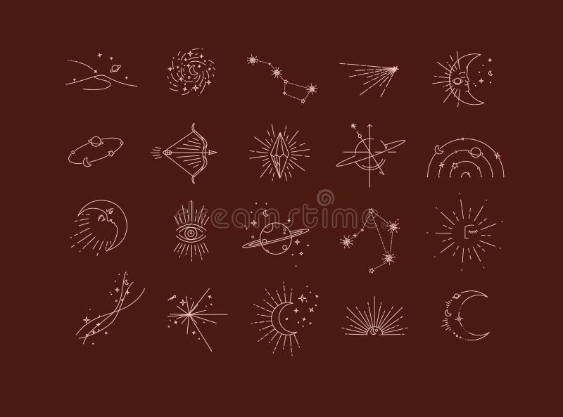 Flat elegance astrology signs landscape, galaxy, constellation, comet, moon, orbit, bow, arrows, crystal, eye, Saturn, star, stars, sun, particles, particle sunset space modern line style drawing with brown color lines on red background. Flat elegance astrology signs landscape, galaxy, constellation, comet, moon, orbit, bow, arrows, crystal, eye, Saturn, star, stars, sun, particles, particle sunset space modern line style drawing with brown color lines on red background