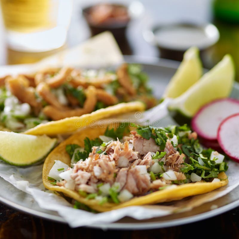 Plat mexicain authentique de taco de rue avec du porc photographie stock libre de droits Plat mexicain authentique de taco de rue avec du porc photographie stock libre de droits