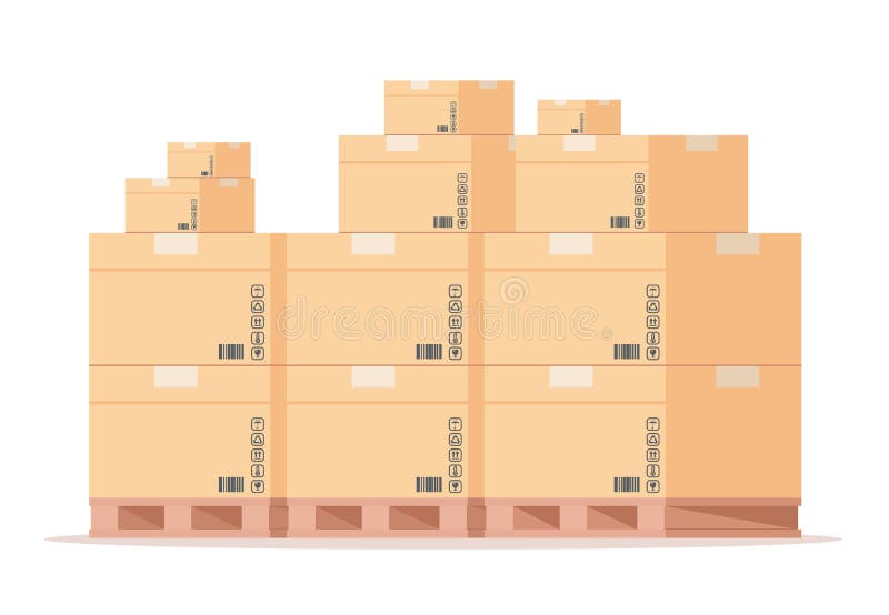 Plataforma de caja del cartón Pila plana de los paquetes de la cartulina del almacén, paquetes de envío de la vista delantera en stock de ilustración Plataforma de caja del cartón Pila plana de los paquetes de la cartulina del almacén, paquetes de envío de la vista delantera en stock de ilustración