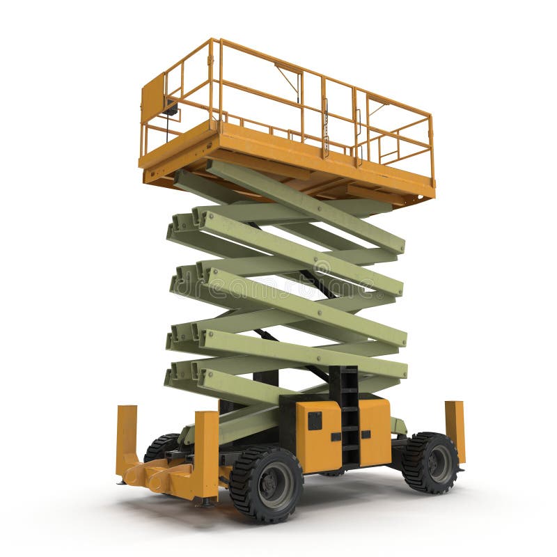 Plataforma de trabalho aéreo móvel - o amarelo scissor o elevador automotor hidráulico em um branco ilustração 3D