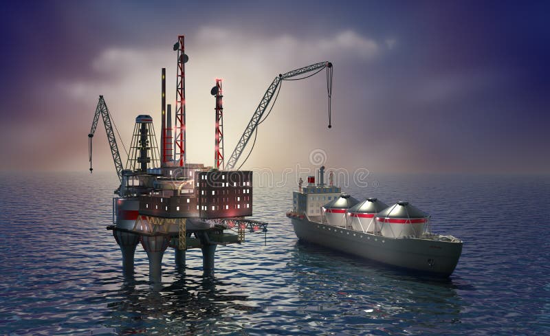 Plataforma e petroleiro a pouca distância do mar de furo ilustração stock Plataforma e petroleiro a pouca distância do mar de furo ilustração stock