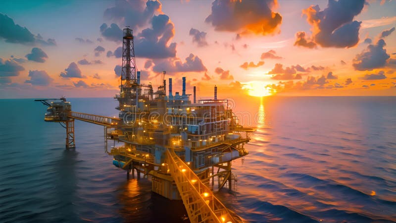 Plataforma petrolífera en medio del mar durante la puesta de sol