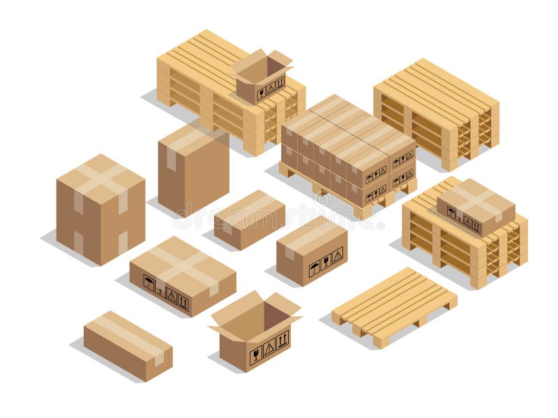 Pallets for shipment with cardboard and isometric style design vector illustration. Pallets for shipment with cardboard and isometric style design vector illustration