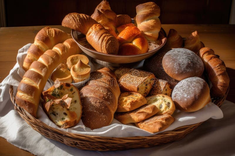 Plate of Assorted Breads, Baked in Different Shapes and Sizes Stock