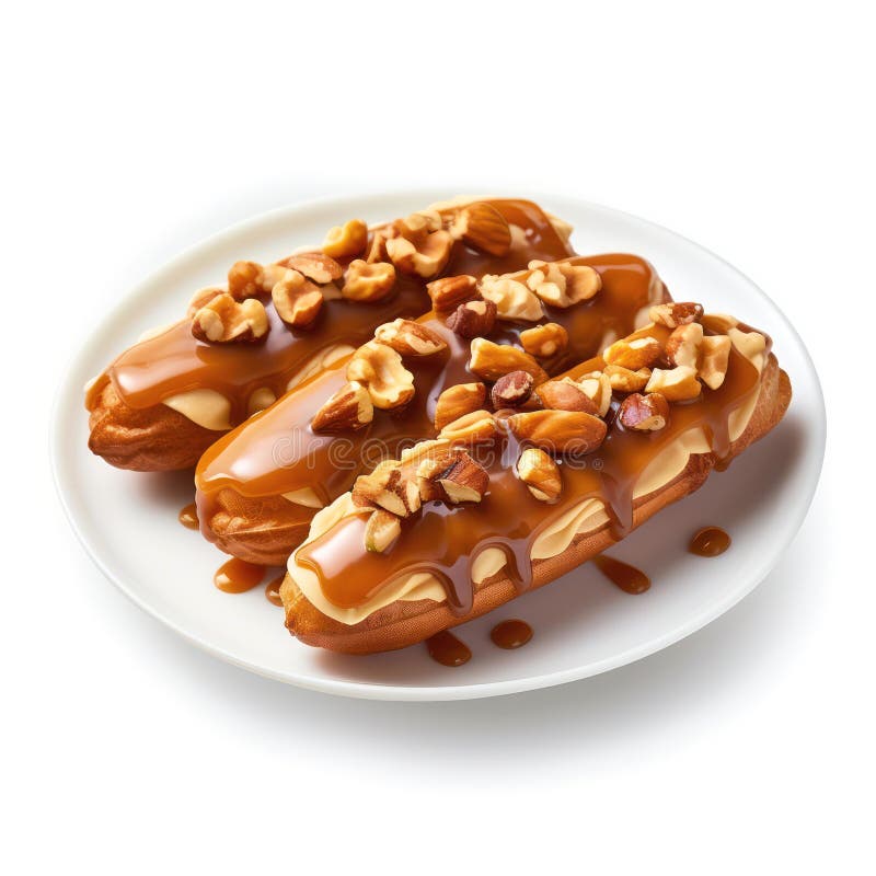 Plate of Caramel Eclairs with Nuts. Stock Illustration Illustration