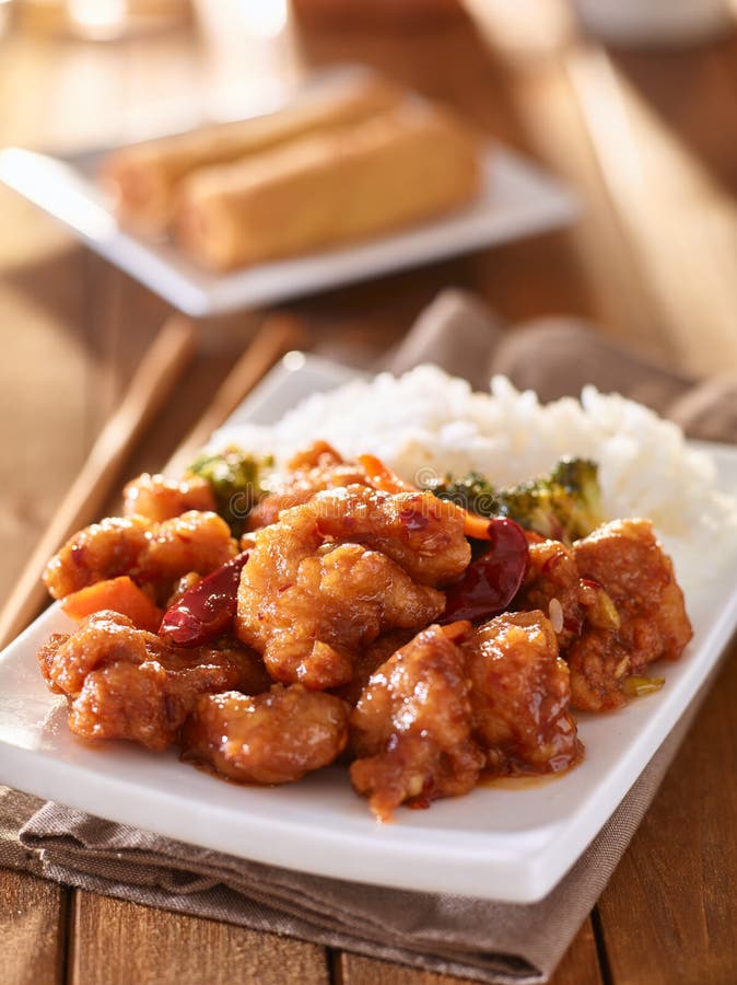 Plate of Chinese General Tsos Chicken with Rice and Broccoli Stock Image -  Image of selective, asian: 143864707